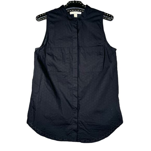 Michael Kors Black Sleeveless Pointelle Button Down Shirt Medium - Picture 10 of 10